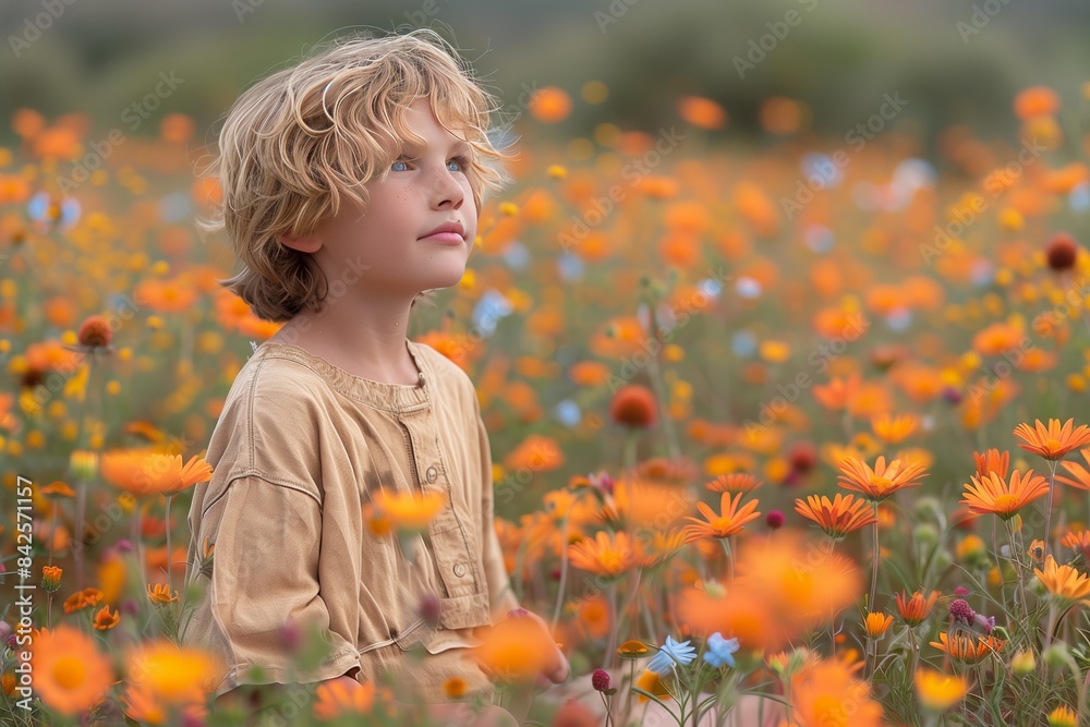 Young Boy in Vibrant Orange Flower Field, Gazing with Wonder