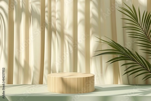 Wooden cylindrical podium, pedestal on green background with cream curtains and palm leaf shadows. Cosmetic product presentation scene. Empty storefront. Generative ai