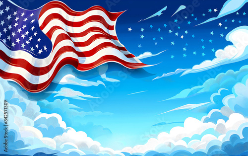 Illustration of American flag flowing against bright blue sky with fluffy clouds. In background with copy space in center, multiple smaller white stars scattered across sky, suggesting patriotic theme