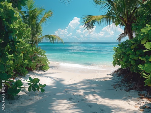 A pristine beach with turquoise waters, white sands, and lush tropical vegetation.