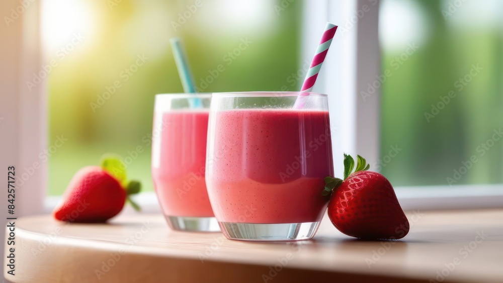 strawberry smoothie in a beautiful glass on a table near the window, light colors strawberry smoothie in a beautiful glass on a table near the window, light colors
