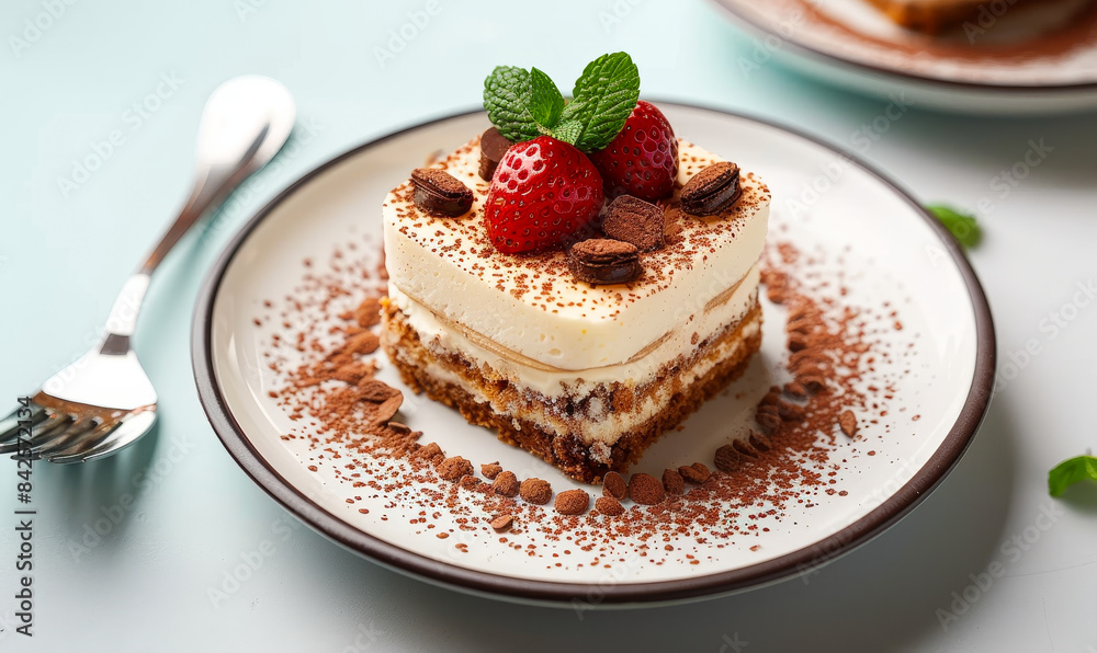 Decadent Tiramisu Dessert on White Plate Garnished with Fresh Strawberries and Mint Leaves on Light Blue Background Decadent Tiramisu Dessert on White Plate Garnished with Fresh Strawberries and Mint Leaves on Light Blue Background