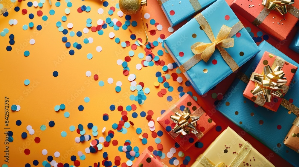 Fototapeta premium Bright colored birthday card with present decorations