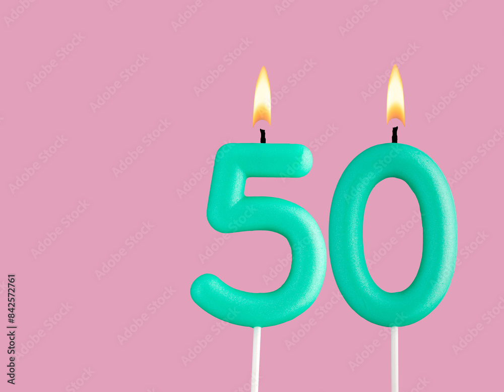 Birthday card with green number 50 candle - Pastel pink background Birthday card with green number 50 candle - Pastel pink background