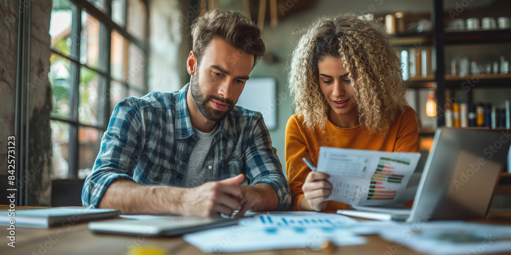 Colleagues sit, analyzing paperwork and discussing finances, dealing with debt and financial planning. Colleagues sit, analyzing paperwork and discussing finances, dealing with debt and financial planning.
