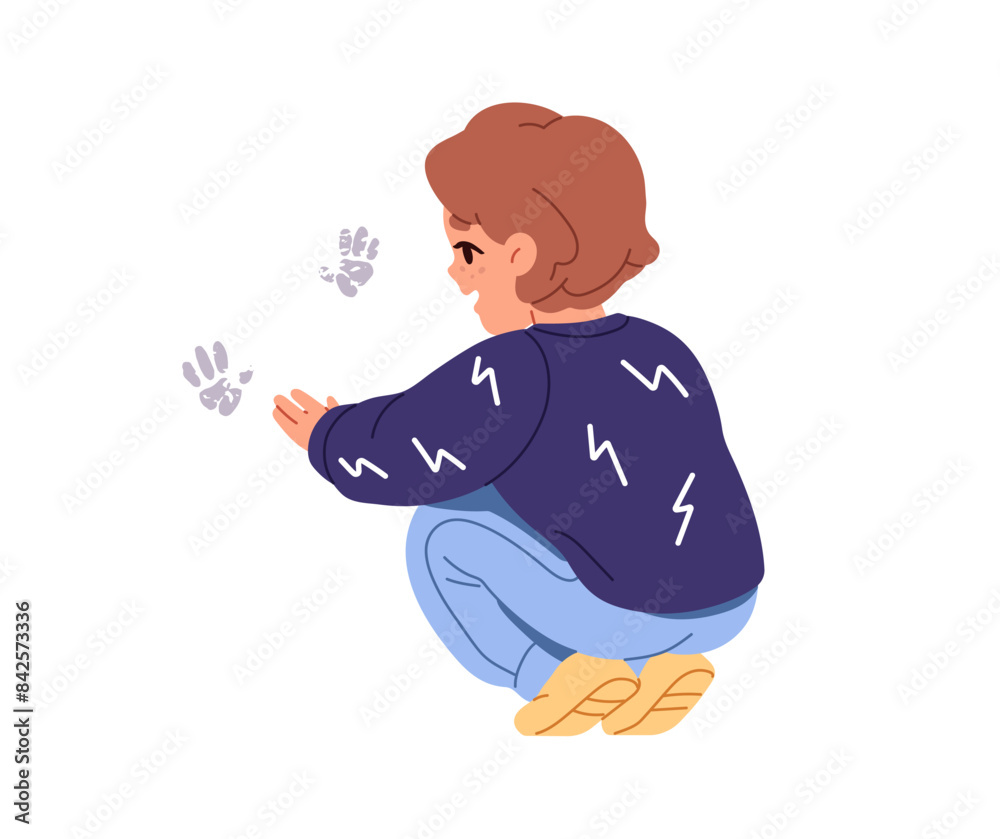 Squatting kid with hands in chalk leaves palm prints on the wall back view. Happy toddler drawing, does handprints. Creative child has fun. Flat isolated vector illustration on white background Squatting kid with hands in chalk leaves palm prints on the wall back view. Happy toddler drawing, does handprints. Creative child has fun. Flat isolated vector illustration on white background