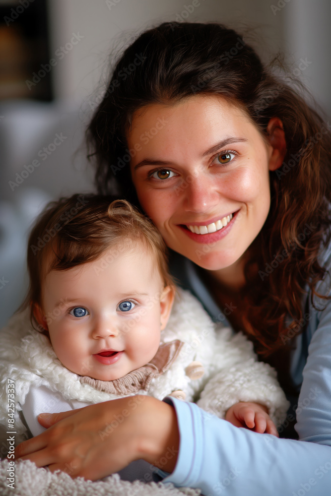 A smiling mother holds her adorable baby daughter, radiating love and happiness in a home portrait. A smiling mother holds her adorable baby daughter, radiating love and happiness in a home portrait.