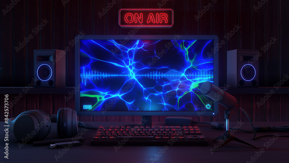 A darkly lit Podcast interior close in on a desktop PC with microphone and desktop accessories. 