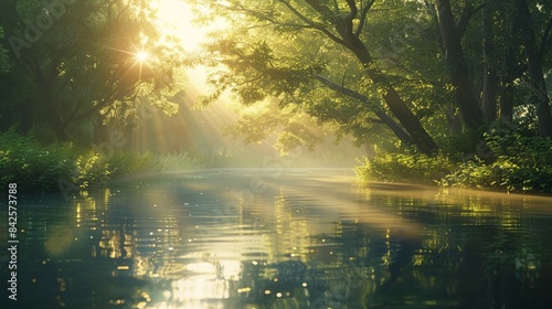 A tranquil morning scene by a forest river with sunlight filtering through the trees and reflecting on the water.