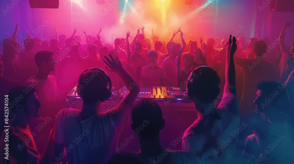 Dj mixing in a disco, crowd of people dancing. Generative AI., Generative AI