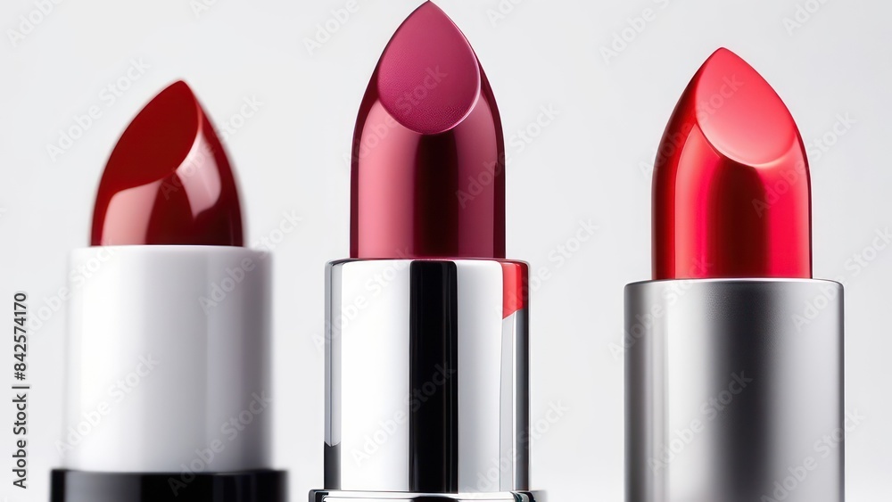 Obraz premium Collection of three colors of lipstick on a white background