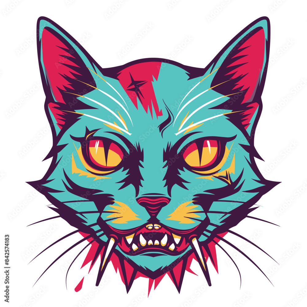 Obraz premium Colorful cat head illustration aggressive expression sharp fangs. Vivid turquoise pink hues pop art style design fierce feline. Intense eyes detailed whiskers stylized cat graphic