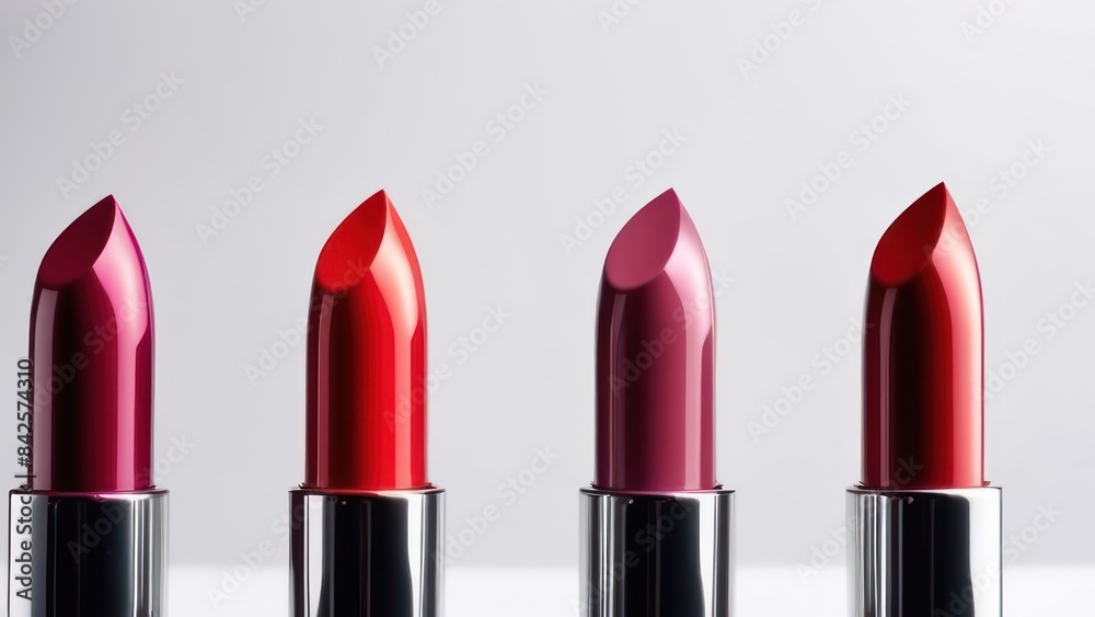 Obraz premium Collection of four colors of lipstick on a white background