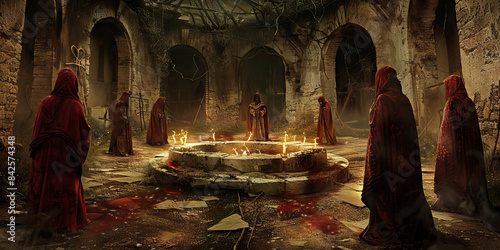 Sacrificial Circle: Demonic Cultists Offering a Sacrifice to Their Deity - Cultists standing around a stone altar, with a victim bound and helpless, ready to be offered as a sacrifice to their demonic