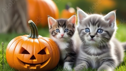 Halloween cat, Jack o lantern pumpkin and grey kitten on green grass, Bright colorful Halloween image © Kateryna