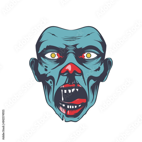 Blue zombie face showing anger fear, detailed undead monster head. Terrifying creature eyes glowing, fierce expression, fantasy horror character. Halloween themed graphic, menacing undead visage