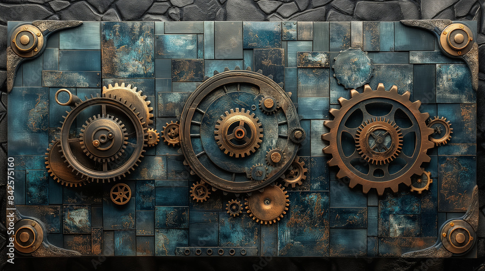 Steampunk art with gears and machinery.