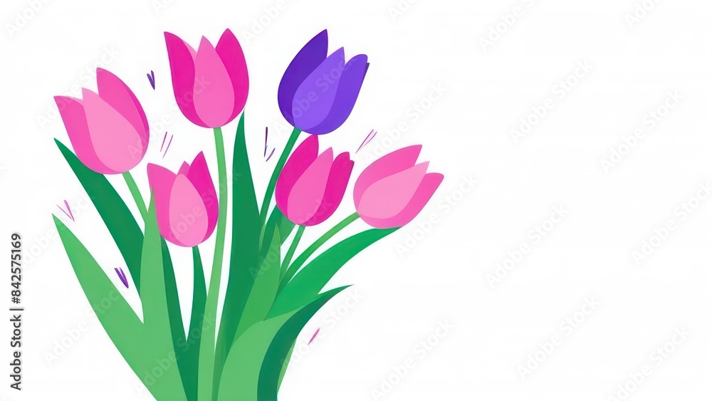 Purple pink tulip bouquet on white background. greeting card. Woman day concept. Copyspace for text.