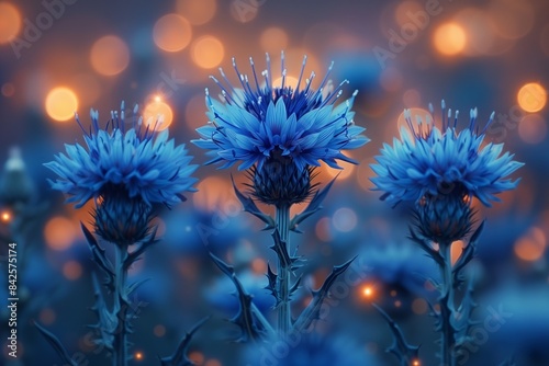 Blue Thistles Silhouetted in Dreamy Bokeh Background - Close-Up Shot