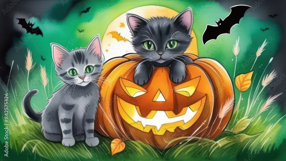 Halloween black cat, Jack o lantern pumpkin and grey kitten on green grass, Bright colorful Halloween image Halloween black cat, Jack o lantern pumpkin and grey kitten on green grass, Bright colorful Halloween image