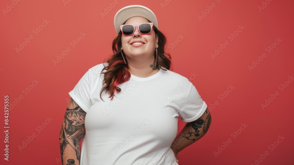 A smiling woman in a white t-shirt and sunglasses stands against a red backdrop A smiling woman in a white t-shirt and sunglasses stands against a red backdrop
