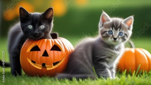 Halloween black cat, Jack o lantern pumpkin and grey kitten on green grass, Bright colorful Halloween image