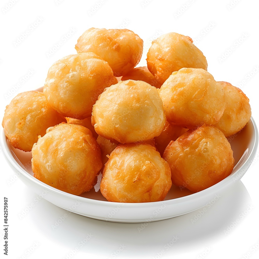 Golden brown fried dough balls on a white plate Golden brown fried dough balls on a white plate