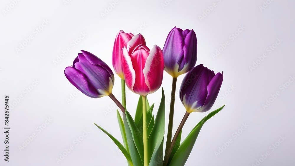 Purple pink tulip bouquet on white background. greeting card. Woman day concept. Copyspace for text. Purple pink tulip bouquet on white background. greeting card. Woman day concept. Copyspace for text.