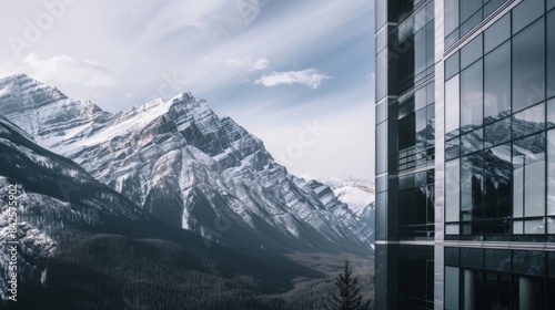 Striking Contrast: Modern Skyscraper Against Dramatic Mountain Range