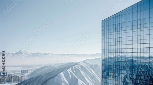 Striking Contrast: Modern Skyscraper Against Dramatic Mountain Range
