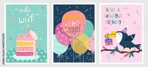 Set of birthday postcards with confetti, balloons, a cute elephant and hand writing. Invitations, happy birthday. Vector templates great for card, poster, flyer or banner