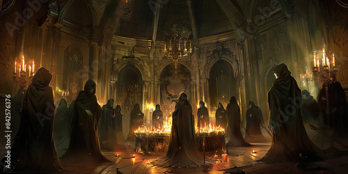 Dark Ritual: Demonic Cultists Summoning a Malevolent Force - A group of cloaked figures performing a ritual in a dimly lit chamber, surrounded by candles and symbols of the occult, as they invoke photo