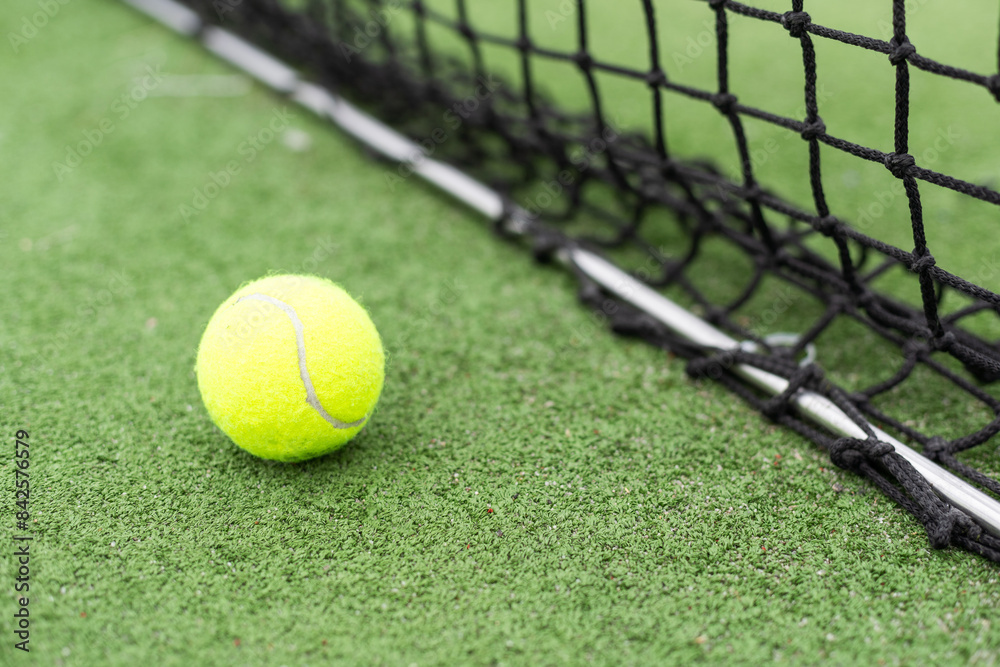 Tennis Ball on the Court against the Court Net