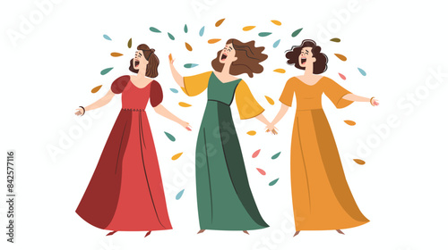 Three women celebrate joyfully, autumn leaves fall around them, excitement evident their openarmed poses. Dressed long elegant dresses, one red, another green third mustard, ladies express happiness