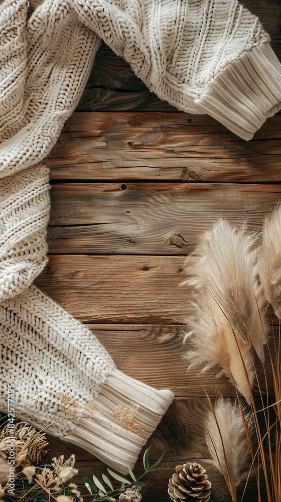 Obraz premium Boho workspace flat lay with cozy sweater, pampas grass, bohemian wooden background with space for text or design