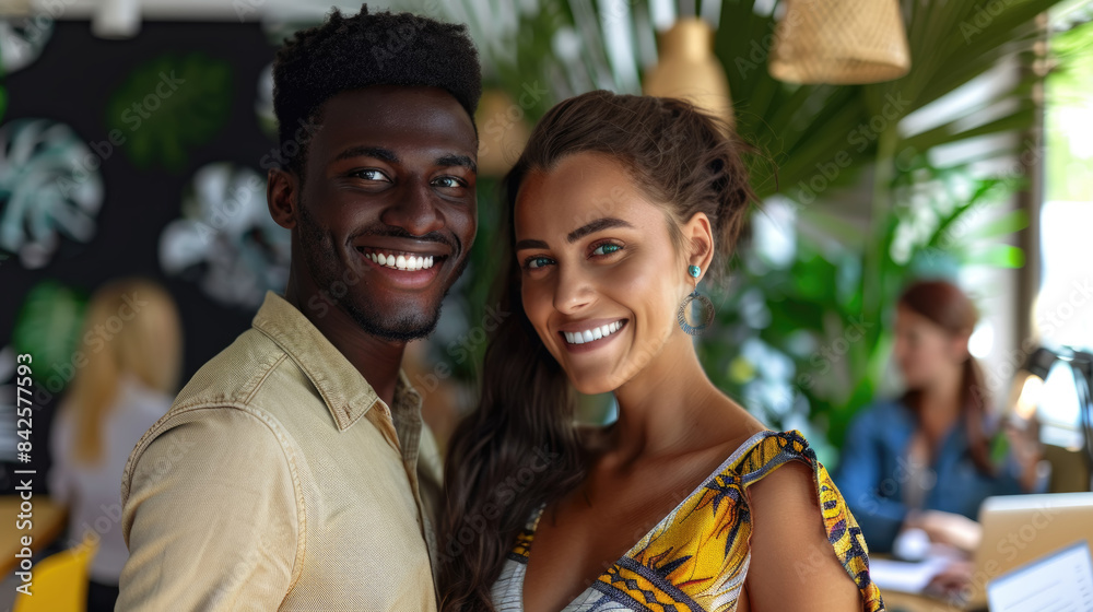 A young couple smiles at the camera while sitting in a cafe. The man is wearing a light brown shirt and the woman is wearing a floral dress A young couple smiles at the camera while sitting in a cafe. The man is wearing a light brown shirt and the woman is wearing a floral dress