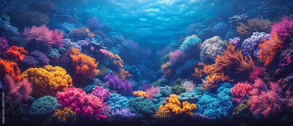 Naklejka premium Vibrant Coral Reef: An underwater landscape of a colorful coral reef, teeming with diverse marine life. 