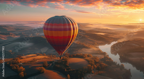 A colorful hot air balloon soaring over a picturesque landscape at sunrise. Generative AI.