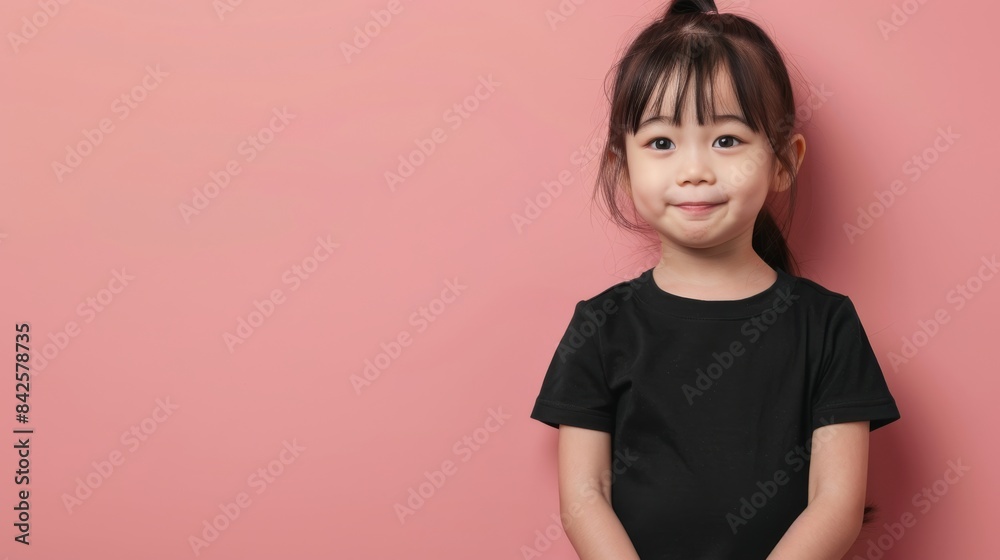 A young Asian girl smiles brightly while wearing a black t-shirt in front of a pink background A young Asian girl smiles brightly while wearing a black t-shirt in front of a pink background