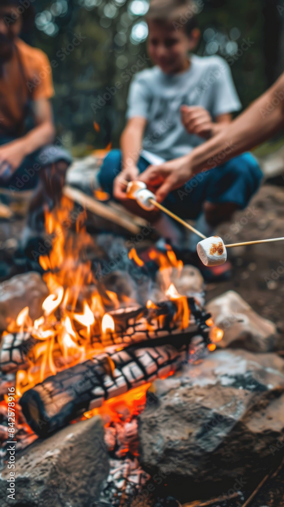 Fototapeta premium A group of friends enjoy a campfire, roasting marshmallows on sticks