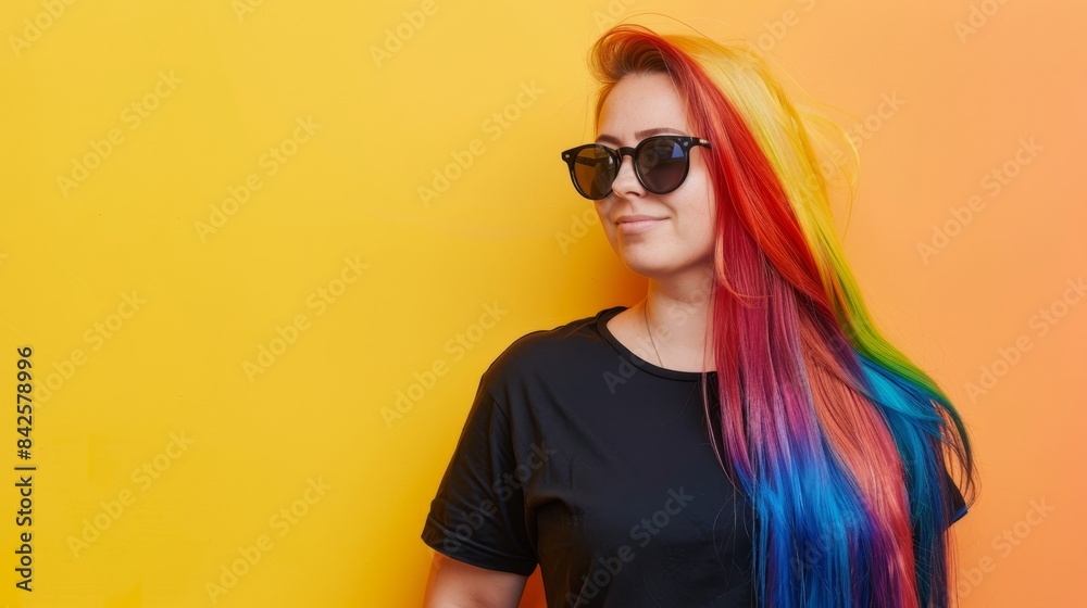 Fototapeta premium A woman with long rainbow hair smiles while wearing a black shirt