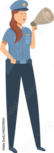 Confident female police officer is using a megaphone to make an important announcement