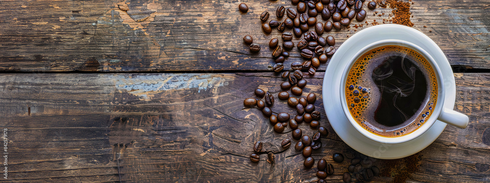 Taza de café con leche con vapor y granos de café sobre fondo de madera, vista superior. Foto de una deliciosa bebida caliente en blanco o negro al estilo vintage.