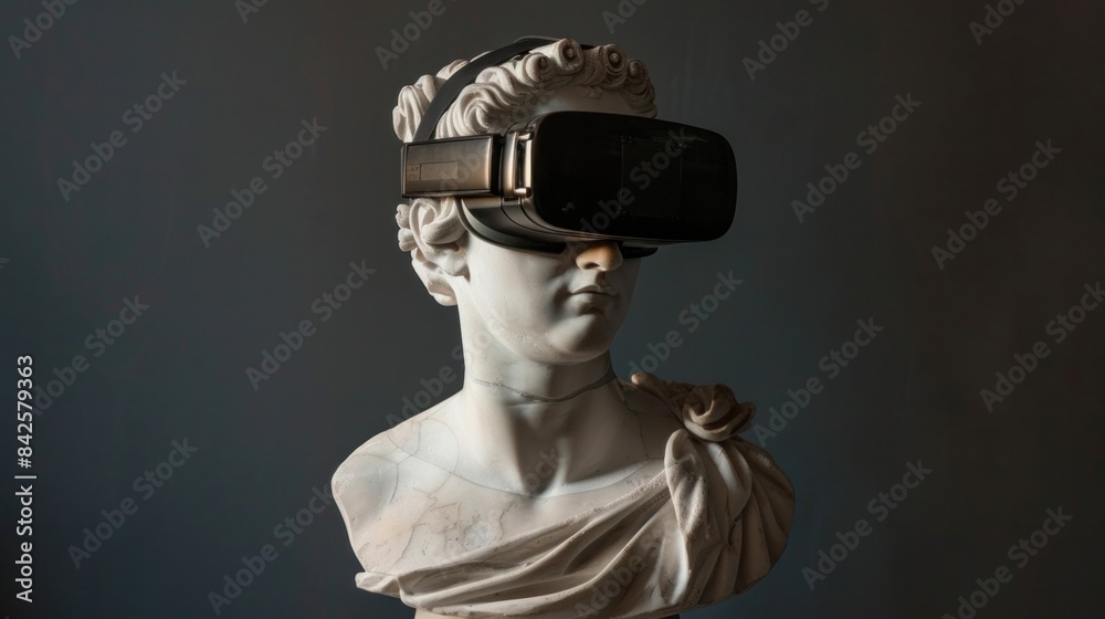 Roman man sculpture wearing virtual reality goggles. Roman man sculpture wearing virtual reality goggles.
