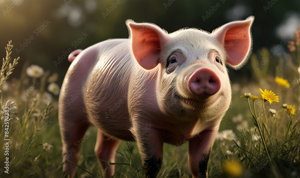 a young pig running around in the wild on the lawn. a young pig running around in the wild on the lawn.