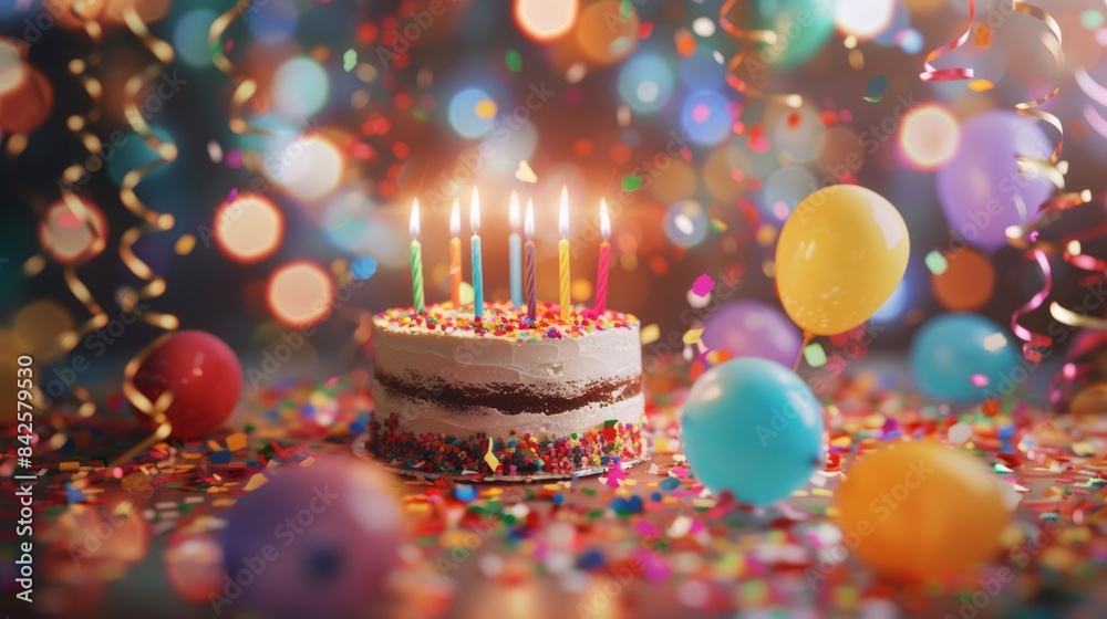 A festive birthday cake centerpiece surrounded by colorful party streamers and balloons, illuminated by glowing candles A festive birthday cake centerpiece surrounded by colorful party streamers and balloons, illuminated by glowing candles
