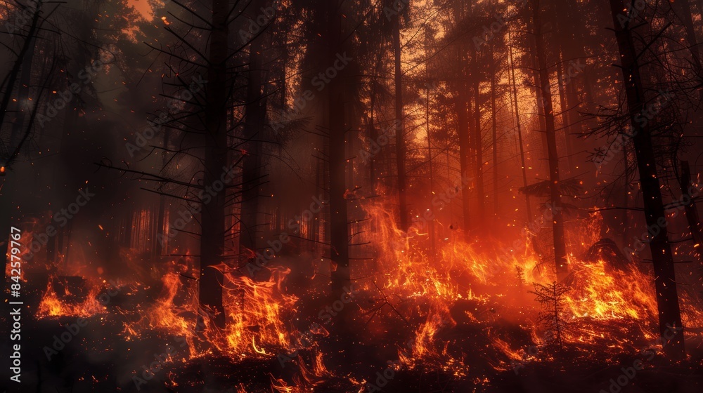 A forest fire burning through the trees, with smoke filling the air and flames reaching for the sky. A forest fire burning through the trees, with smoke filling the air and flames reaching for the sky.