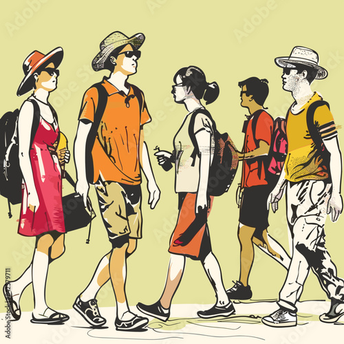 Traveling friends walking together, two men two women engaging conversation during stroll. Casual summer attire including hats, shorts, backpacks worn young adults implies leisurely activity. Group