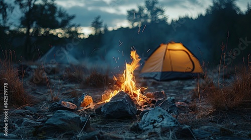 Cozy camping scene with a flickering campfire. Warm cozy campfire flames dance in dusk with tent camping background inviting atmosphere for camping 