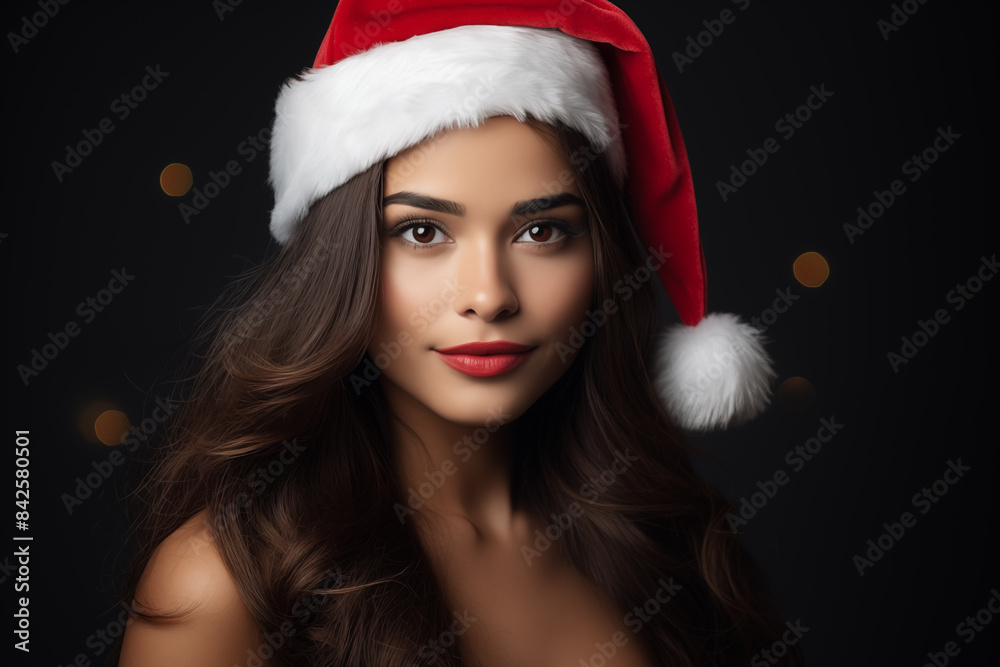 Beautiful attractive brunette in a Santa Claus hat on a dark background. Generative AI Beautiful attractive brunette in a Santa Claus hat on a dark background. Generative AI